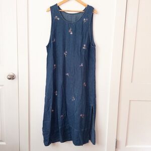 VTG 90s Denim Jumper Dress Large Floral Embroidery Cottage‎ Granny Prairie Retro